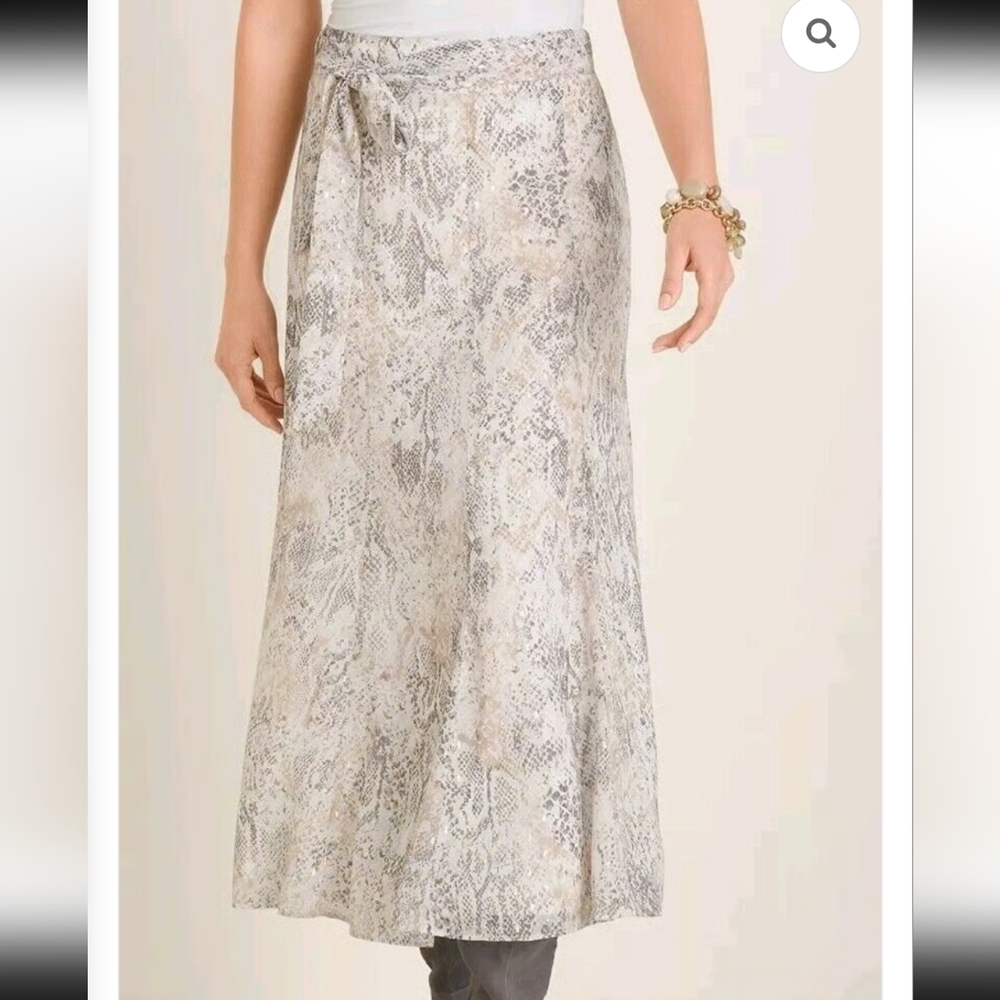 New Chico's Snake skin Print Chiffon Midi Skirt Gold Off-white, Size 14 2.5 - Picture 1 of 10